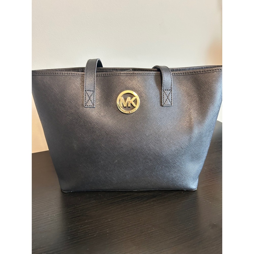 Michael Kors Tote Bag Black‎ Leather Gold MK Logo Medium